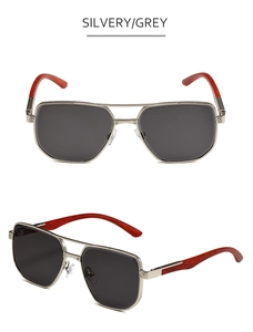 Detail of retro silver square sunglasses with double bridge and wood grain arms