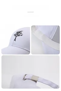 Detail of tree embroidery, breathable mesh lining and adjustable metal buckle on white cap