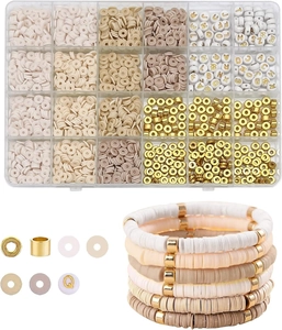 DIY jewelry kit detail showing 24-grid storage box with clay beads and finished bracelets