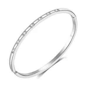 Minimalist Stainless Steel Bangle For Women With Cubic Zirconia Hinged Clasp Fashion Jewelry Gift Elegant Brushed Finish