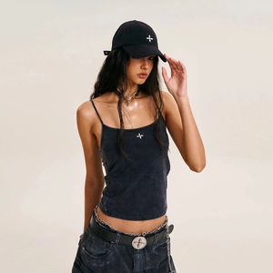 Streetwear set featuring a black washed cotton baseball cap and tank top with cross emblem
