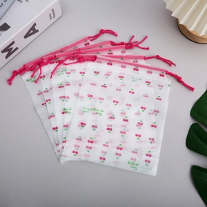 Drawstring Storage Bags Frosted PE Plastic Cherry Print Portable Organizer For Travel Clothing Towels Snacks