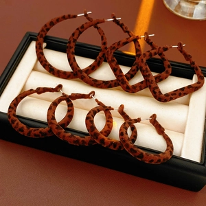 Gros plan détaillé de créoles rondes et carrées à motif léopard floqué dans un écrin à bijoux
