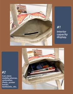 Detail of printed canvas tote bag interior with zipper and spacious compartment for iPad