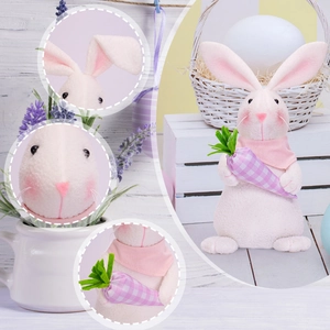 Detail shots of a pink plush Easter bunny holding a purple plaid carrot with festive decor