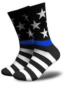Detail of knit crew socks featuring American flag pattern with thin blue line design