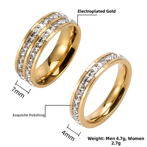 Polished rose gold rings with cubic zirconia inlay, showing 4mm and 7mm width details