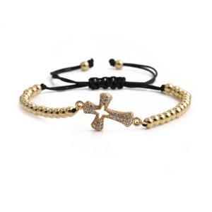 Adjustable cross bracelet with black woven cord and gold-plated copper beads for women