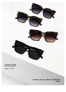 Collection of square frame sunglasses in black, tortoise, and blue-green on white steps