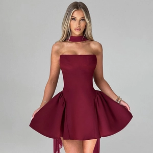 Detail view of burgundy strapless dress featuring a matching wide choker for party wear