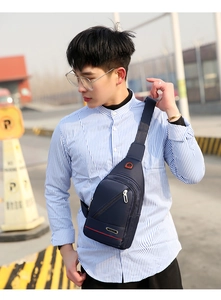 Blue waterproof oxford fabric chest bag for outdoor sports shown on model