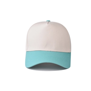 Detail of mint green brim and cream cotton panels on a blank two-tone baseball cap