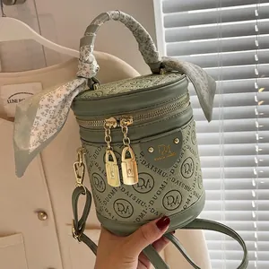 Women Cylinder Bucket Bag PU Leather Embossed Pattern Satin Scarf Handle Golden Hardware Detachable Strap Dual Zipper Fashion