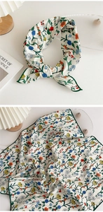 Detail of floral printed square scarf tied in a bow and flat view with green border