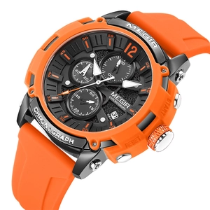 Montre Chronographe de Sport MEGIR avec Bracelet en Silicone Orange et Cadran Noir