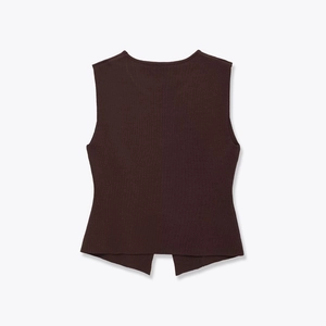 Chic dark brown knit sleeveless sweater vest for women featuring a minimalist ribbed hem