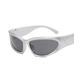 Silver futuristic Y2K sports sunglasses with wraparound frames and dark grey lenses