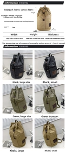 Detailed size chart and material specs for canvas travel backpacks in multiple colors