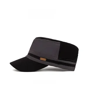Side view of two-tone black and dark grey military flat top cap with OKSDFOX brand label