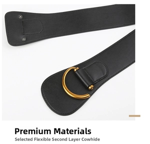 Detail of premium split cowhide leather texture and golden D-ring buckle on wide black belt
