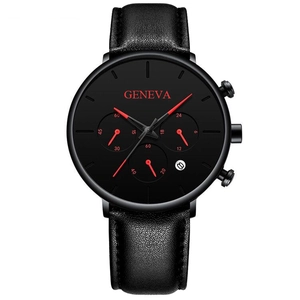 Close-up of Geneva men's watch with black leather strap, red hands and calendar window