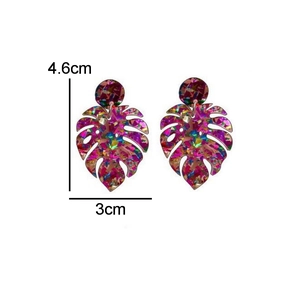Colorful glitter acrylic monstera leaf earrings for women, dimensions 4.6cm by 3cm