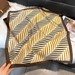 70cm faux silk square scarf with brown chevron stripes and glossy finish for office wear
