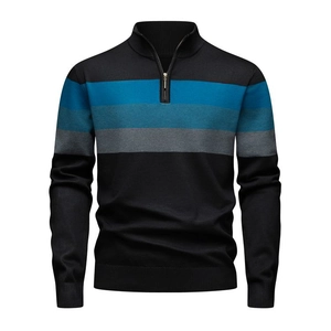 Detail of slim fit men's half-zip knit sweater with horizontal color block stripes