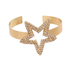 Elegant gold-plated open cuff bracelet with a large sparkling rhinestone star design