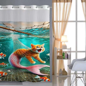 Waterproof waffle print shower curtain featuring creative orange cat-fish ocean illustration