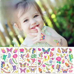 Tatouages temporaires pour enfants papillons et fées avec dorure et motifs de fleurs colorées