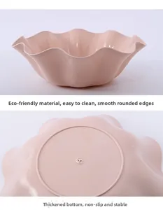 Macro shot of non-slip thickened base and lotus-shaped wavy edges on lotus pink fruit bowl