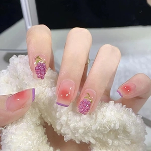 Purple Grape Press On Nails 3D Bead Decor Sweet Pink Gradient French Tip Jelly Texture Cute For Women Girls