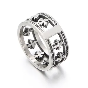Bague Homme Fleur De Croix Creuse Acier Titane Rétro Gothique Punk Bijoux Bande Large