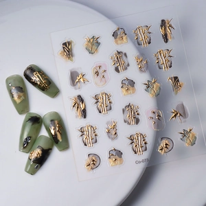 Chinese style 3D embossed golden bamboo nail art stickers with ink wash design