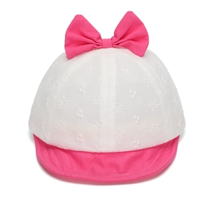 Infant girl sun hat with white floral embroidery and a pink bow on a soft brim