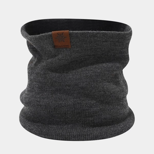 Close-up of thick grey knitted neck warmer featuring a leather snowflake patch detail