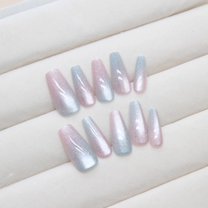 Pink and blue gradient cat eye coffin press-on nails set with 10 pieces on velvet display