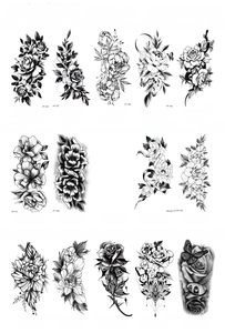 Detail view of monochrome floral temporary tattoo sheets with rose and snake patterns