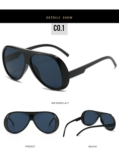 Three-angle views of oversized pilot sunglasses with black frames and blue lenses