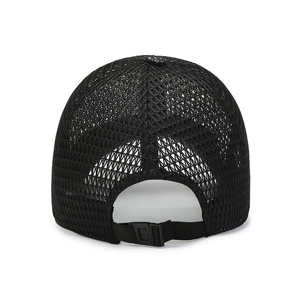 Men's breathable black mesh baseball cap with adjustable buckle strap, rear view