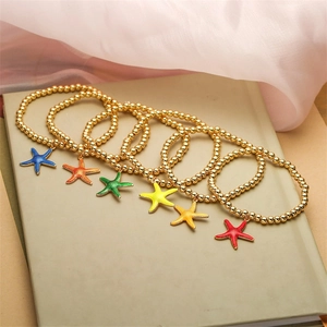 Fashion Ocean Beach Starfish Pendant Bracelet Gold Plated Copper Bead Chain Zirconia Enamel Star Jewelry For Women Travel Gift