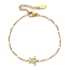 Detail of golden stainless steel turtle charm bracelet with lobster clasp and beads