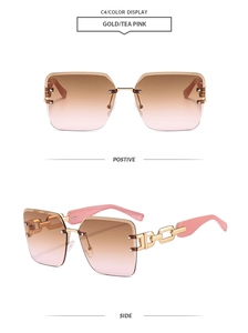 Detail of square rimless sunglasses with gold metal temples and tea pink gradient lenses