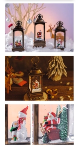 Detail of vintage Christmas lantern with Santa resin figure and warm LED lighting