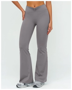 Detail of high waist V-cross pleated waistband on charcoal grey yoga flare pants