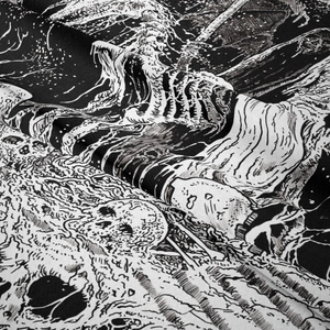 Detail shot of bohemian tapestry fabric texture with skull and wave print patterns