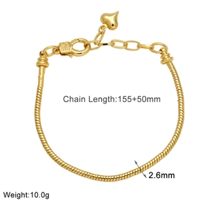 Detail of 2.6mm gold snake chain bracelet with heart pendant and 155+50mm length spec