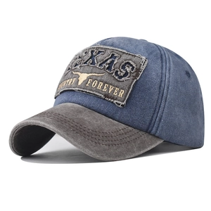 Detailed view of the washed denim texture and Texas bull embroidery on the baseball cap