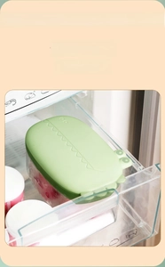 Green crocodile lid ice storage box in fridge showing the airtight seal to prevent odors